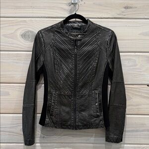 Maurices Metallic Black Faux Leather Moto Jacket with Chevron Stitching